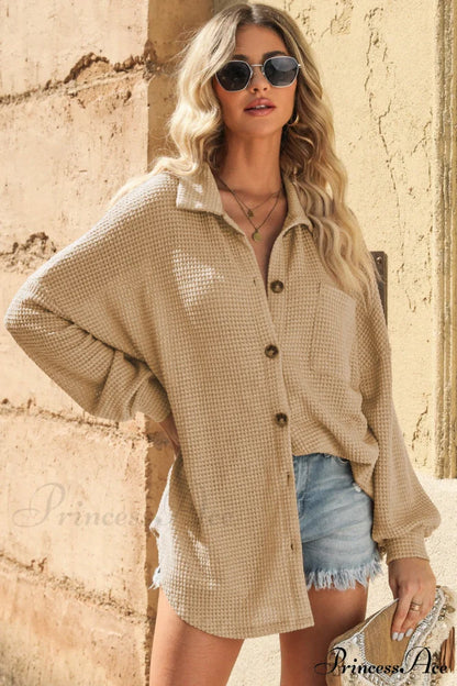 with Blouse Waffle-Knit Dropped Neck Collared Shoulder