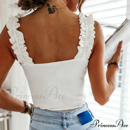 Women Collar Solid Knit Casual Basic Summer Ribbed Slim Ruffless Tank top
