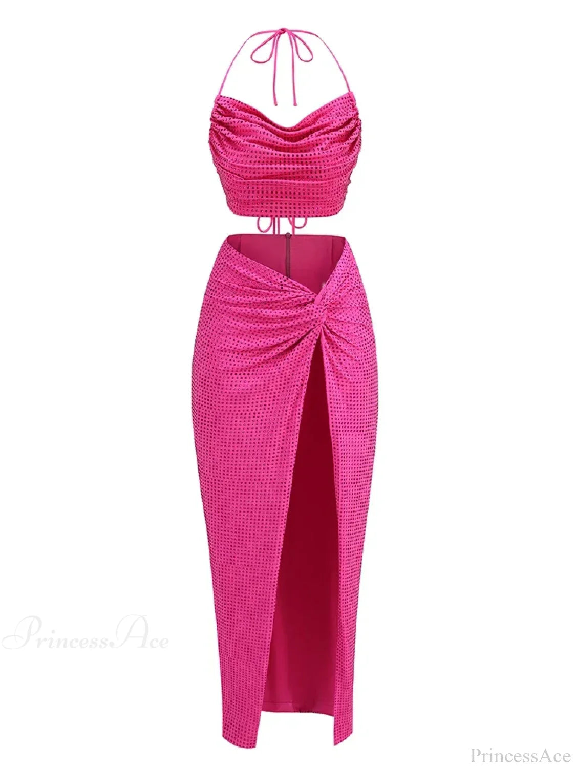 Women Diamonds 2 Piece Set Swinging Collar Crop Tops Long Skirts Christmas Party Dress