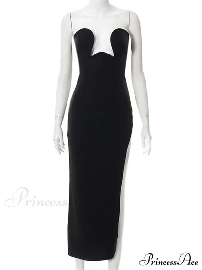 Women Elegant Low Cut Black Solid Sleeveless Satrpless Off Shoulder Push Up High Split Vestidos Party