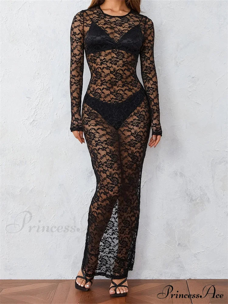 Women Lace Floral See Through Vintage Sleeve Round Neck Solid Back Split Party Female Vestidos