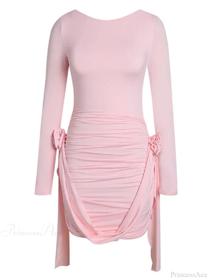 Women Pink 3D Floral Draped Mini Bodycon Dress Long Sleeves Christmas Party Dress