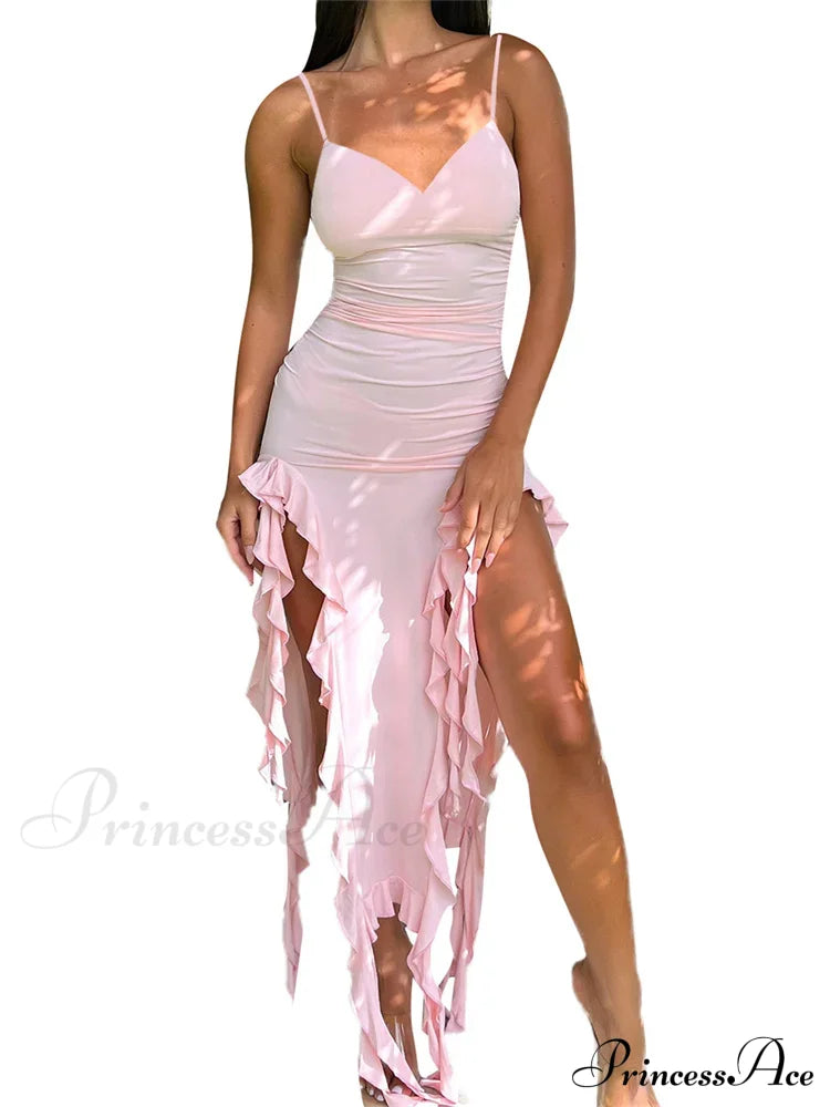 Women Sexy Ruffle Hem Sleeveless Strap Tassels Ruched Bodycon Party V-neck High Split Fairy Vestidos