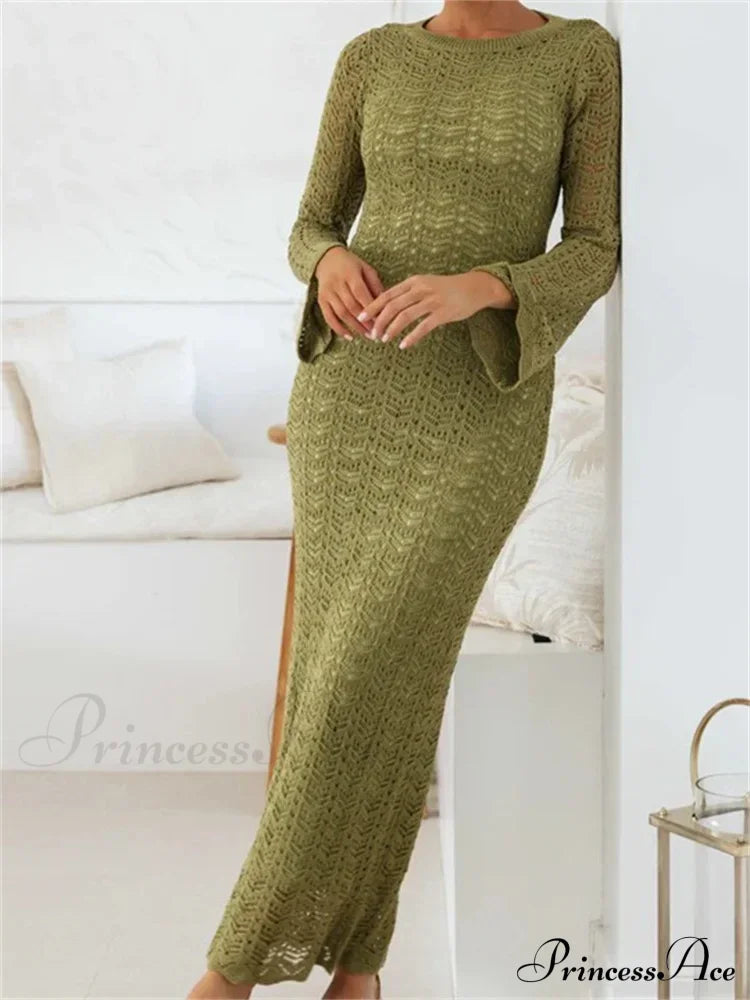Women Sleeve Round Neck Backless Tie-up Hollow Out Cocktail Spring Autumn Female Vestidos