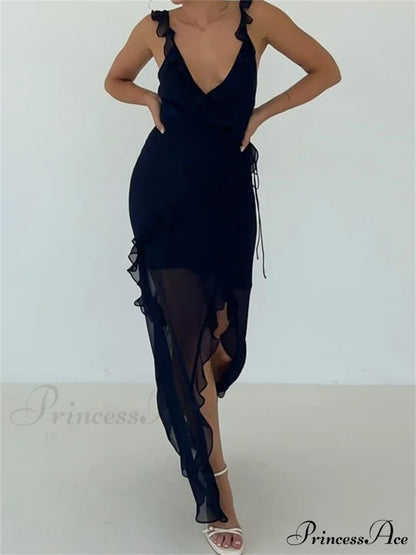 Women Sleeveless Ruffles Solid Color V Neck Casual High Split Party for Cocktail Summer Streetwear