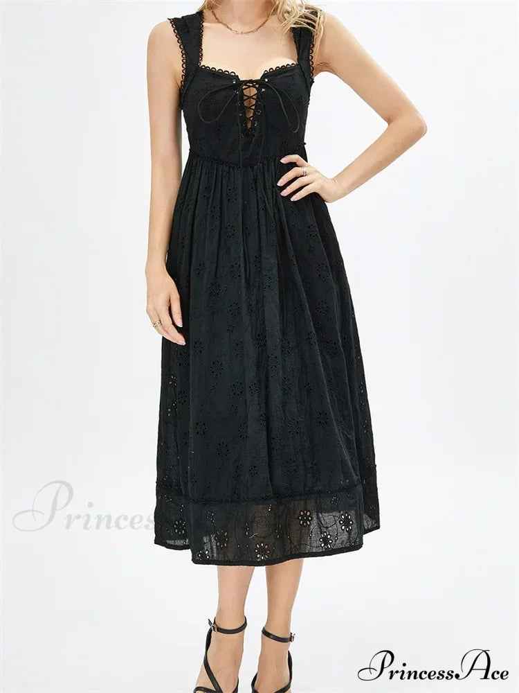 Women Summer Lace Floral Backless Tie-up Sleeveless Spaghetti Strap Hollow Out Party Female Vestidos
