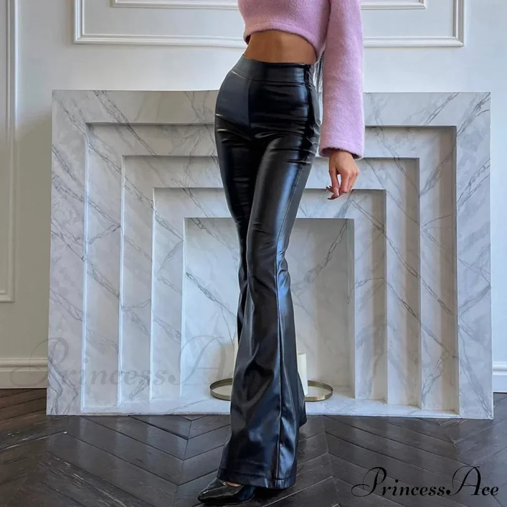 Women Winter High-waist Sensual Pu Leather Shiny Bell Bottoms Style Pants