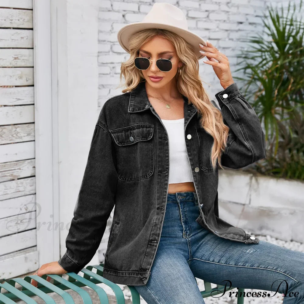 Womens Autumn Spring Oversized Denim Casual Distressed Boyfriend Comfy Jacket
