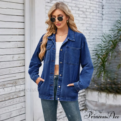 Womens Autumn Spring Oversized Denim Casual Distressed Boyfriend Comfy Jacket