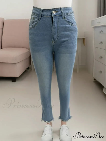 Women's Blue High-Stretch Skinny with Faux Pearl Decor and Slim Fit - Stylish and Comfortable Denim Jean