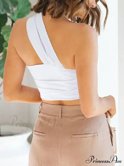 Women's Fashion Pleated Asymmetric Linen Cropped Vintage One Shoulder Side Zipper Women Camisole Tank top