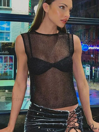 Women's Sleeveless Slim Fit See-Through Vest Corect Sequin Scoop Neck Glitter Outfits Tank top