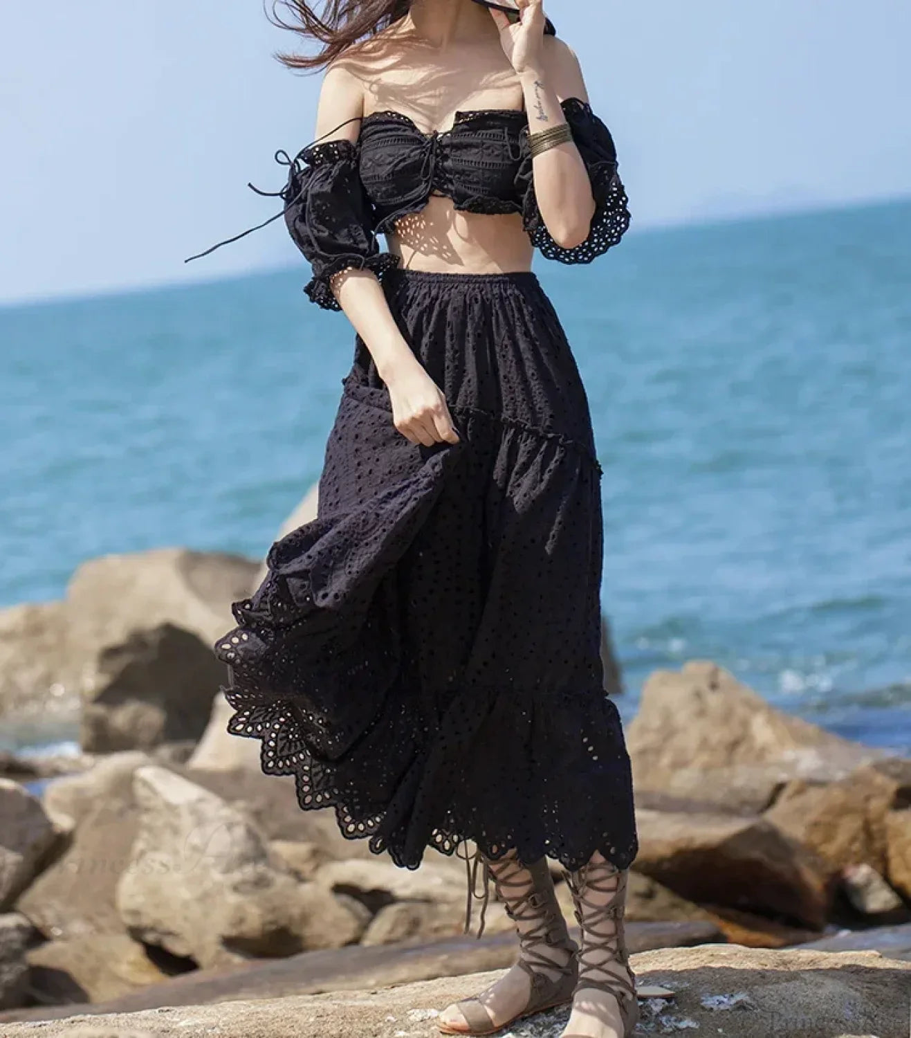 Women's Summer Cotton Full Lace Midi Skirt A-line Boho Vacation