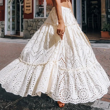 Women's Summer Cotton Full Lace Midi Skirt A-line Boho Vacation