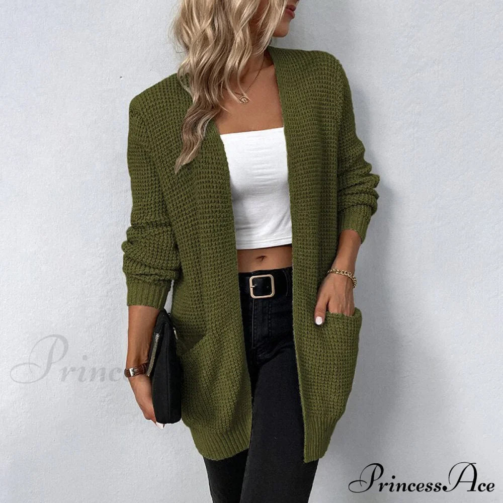 Women's Sweater New V-Neck Solid Color Loose Fit Pockets Long Cardigan