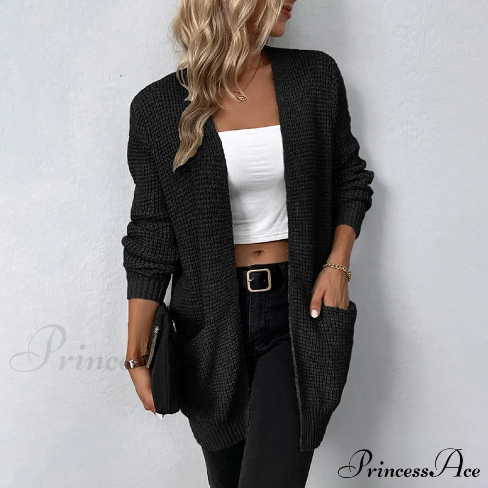 Women's Sweater New V-Neck Solid Color Loose Fit Pockets Long Cardigan