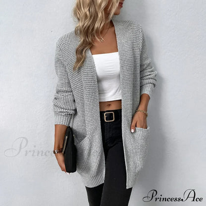 Women's Sweater New V-Neck Solid Color Loose Fit Pockets Long Cardigan