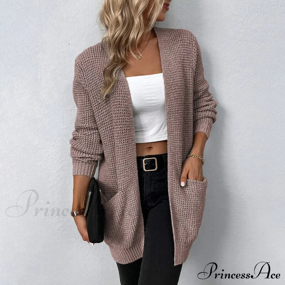 Women's Sweater New V-Neck Solid Color Loose Fit Pockets Long Cardigan