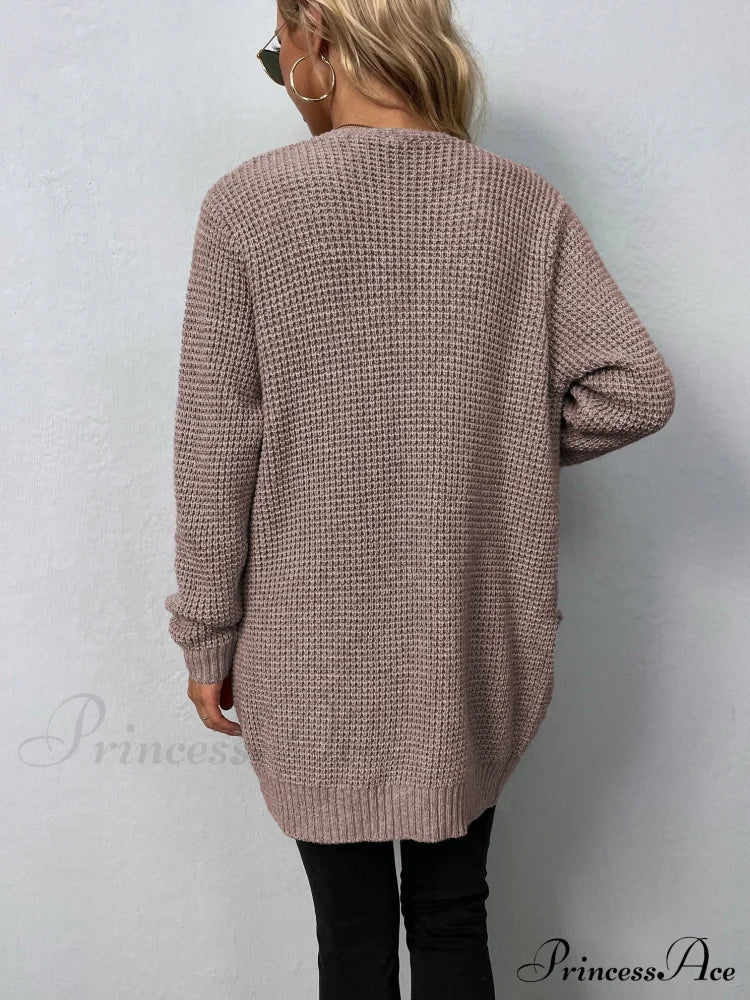 Women's Sweater New V-Neck Solid Color Loose Fit Pockets Long Cardigan
