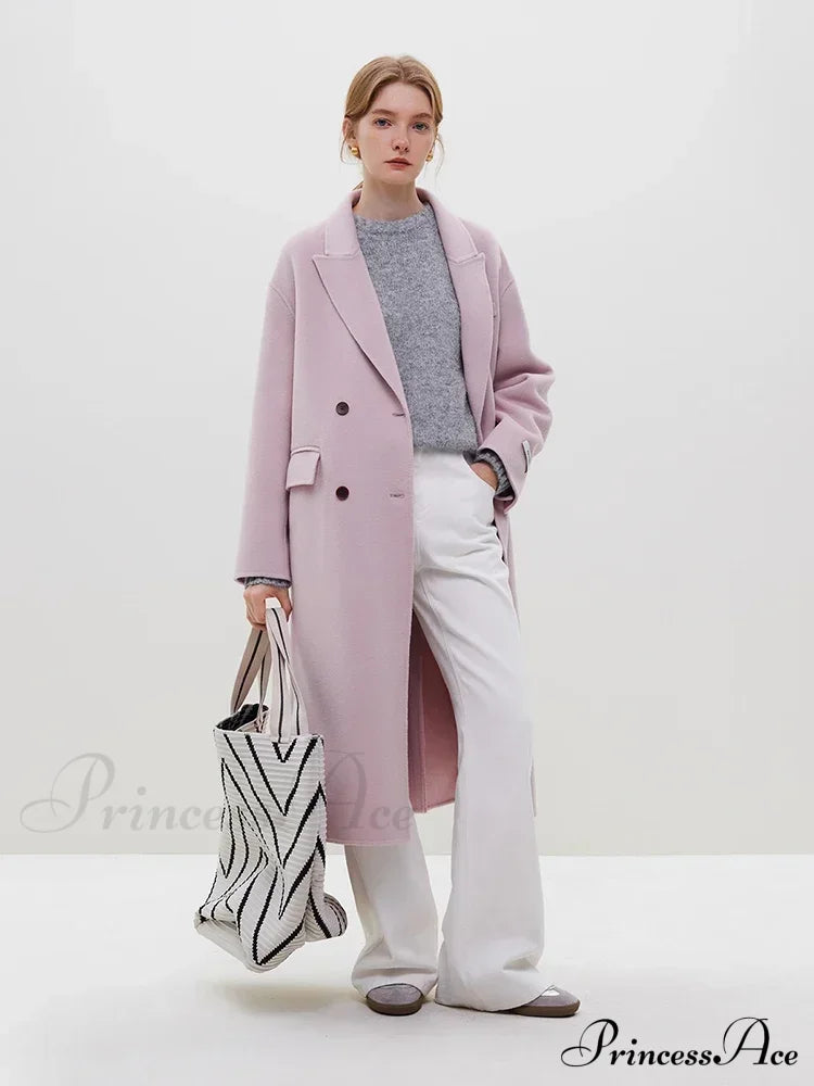 Wool Camel Hair Temperament Oatmeal Long Notched Collar Double Breasted Classic Chic Coat
