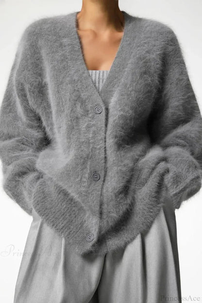 Wool Loose V-neck Long Sleeve Cardigan