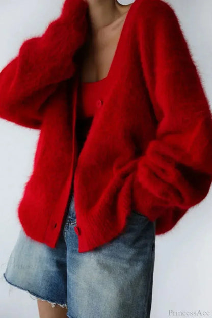 Wool Loose V-neck Long Sleeve Cardigan
