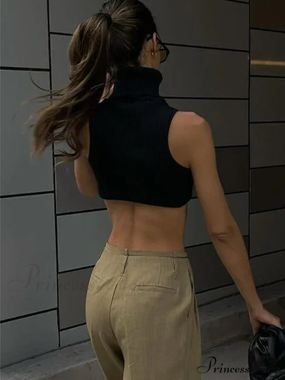 Y2k Black Knitting Turtleneck Crop Women Irregularity Skinny Elasticity Fashion Club Streetwear Tank top