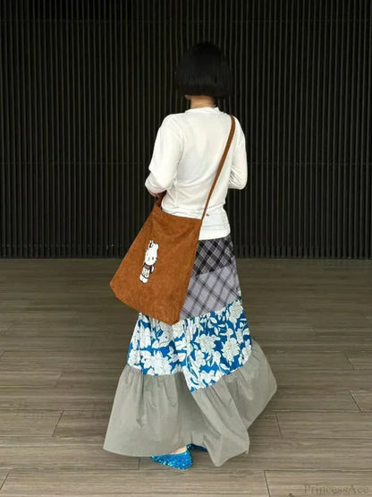 Y2K Blue Flower Patch Full Skirt Personalized Large Pocket Skirt