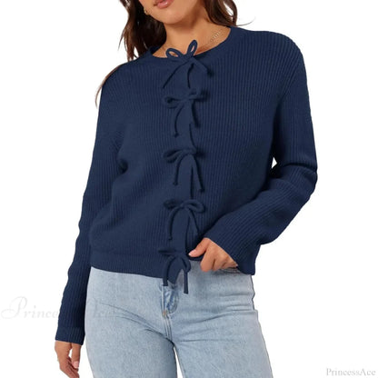 Y2K Bow Front Round Neck Cardigan