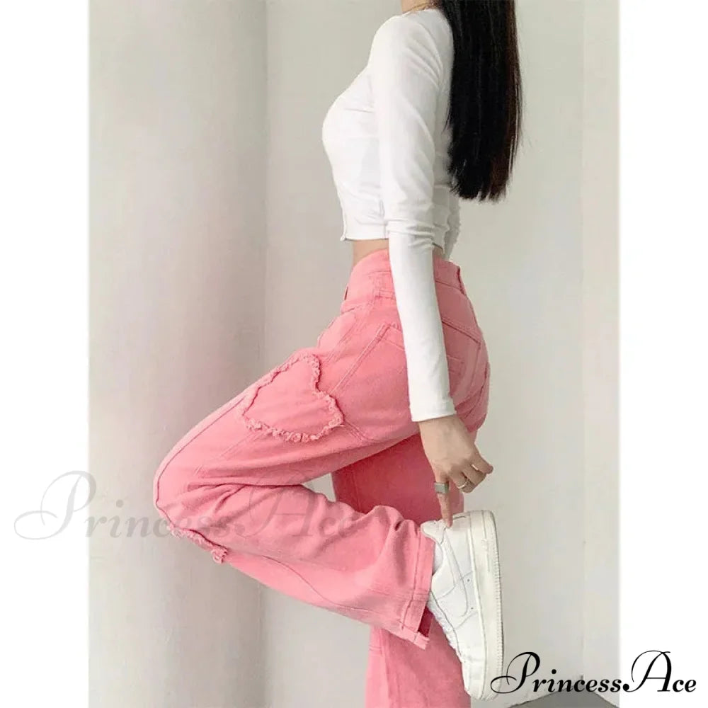 Y2K Cute Pink Heart Shape Jeans