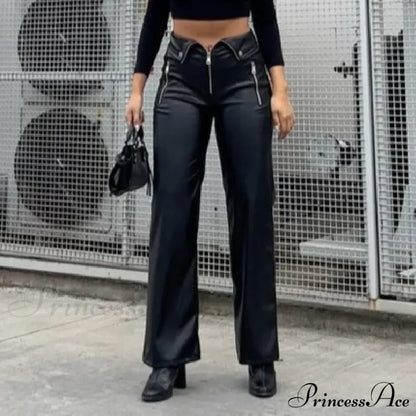 Y2K Fashion Leather High Waist Sexy Zipper Slim Streetwear Winter Pants
