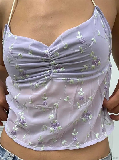 Y2K Floral Backless Tie-up Halter Crop Top