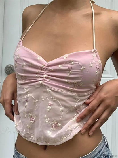 Y2K Floral Backless Tie-up Halter Crop Top