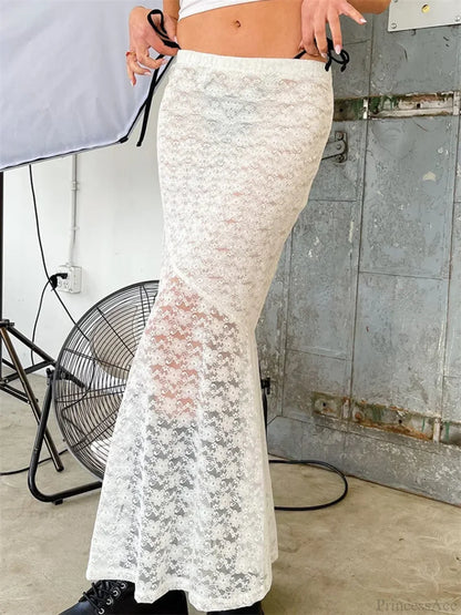 Y2K Grunge Lace Mesh See Through Bow Tie Long Skirt