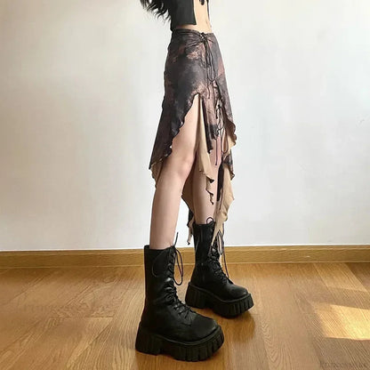 Y2K Irregular Midi Skirt Vintage Boho Ruffles Print Skirt