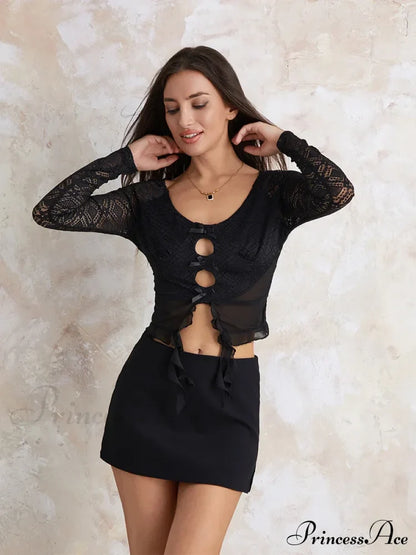 Y2k Lace Sheer Sexy Slim Fit Fairy Long Sleeve Trendy Stylish Classic Crop Top