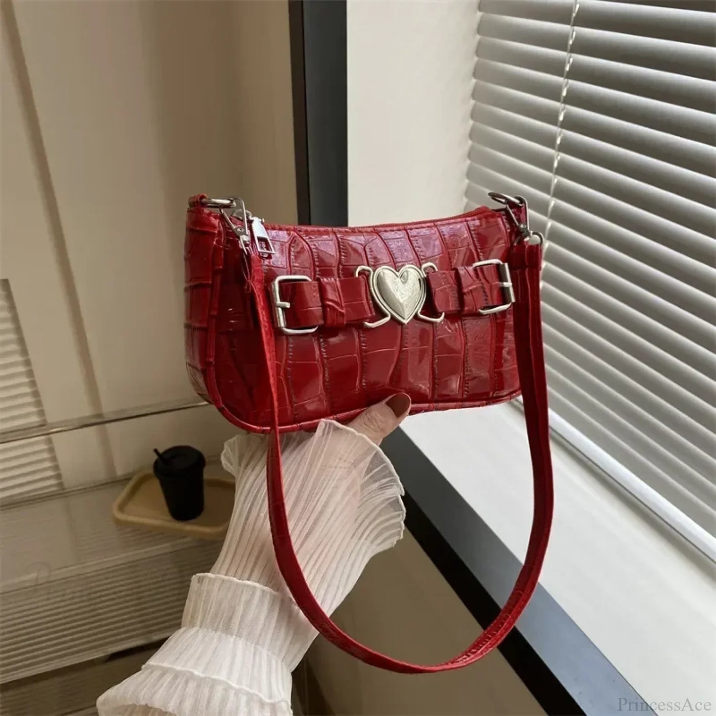 Y2K Peach Heart Leather Shoulder Bag