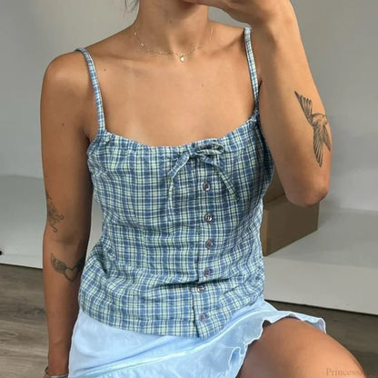 Y2K Plaid Print Sleeveless 00s Aesthetic Front Button Retro Backless Slim Fit Crop Top