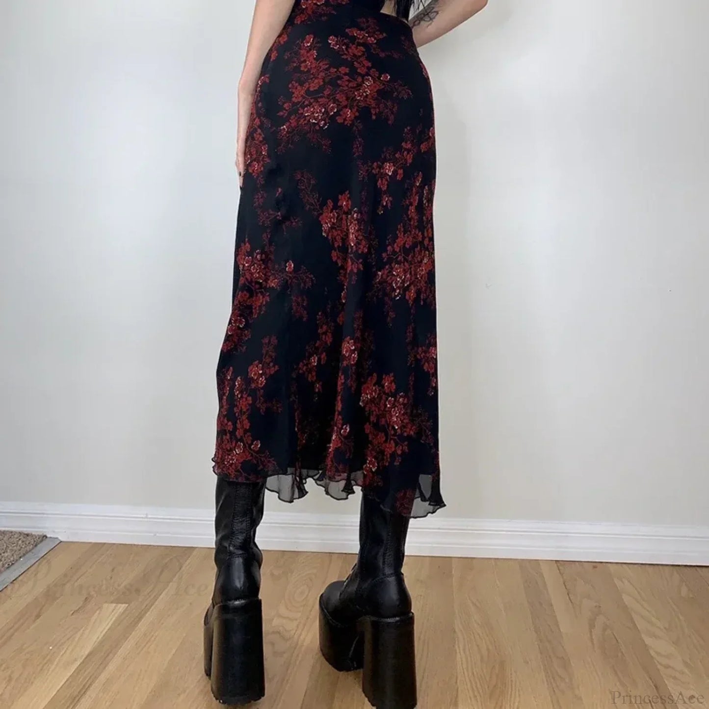 Y2K Retro Floral Printed High Waist Ruffled Women's Long Skirt