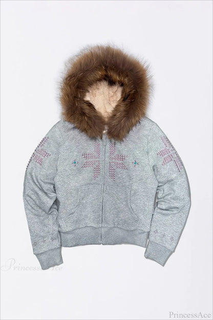 Y2K Sherpa Collar Rhinestone Zip-Front Waist-Cinched Hoodie