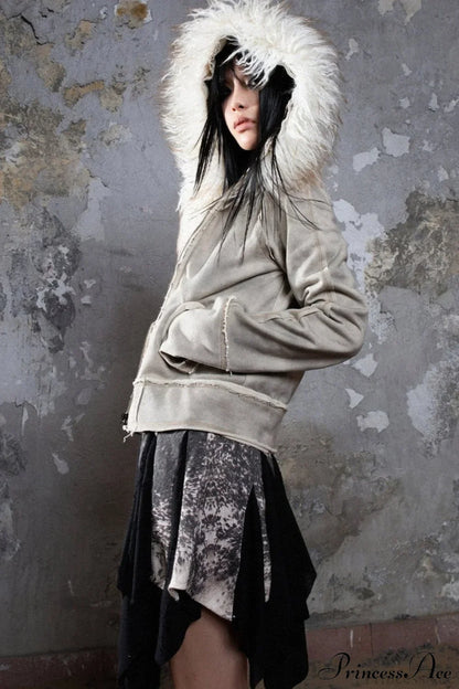 Y2k Street Vibe Color-Block Big Fur Hood Zip-Up Hoodie