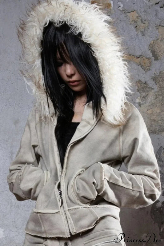 Y2k Street Vibe Color-Block Big Fur Hood Zip-Up Hoodie