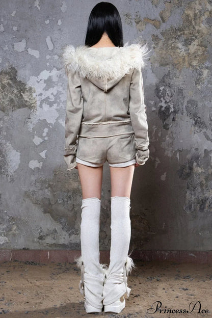Y2k Street Vibe Color-Block Big Fur Hood Zip-Up Hoodie