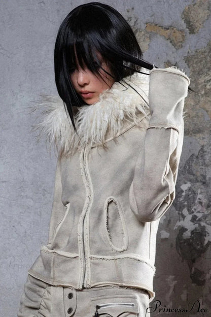 Y2k Street Vibe Color-Block Big Fur Hood Zip-Up Hoodie