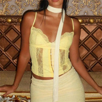 Y2K V-neck Bustier Vintage Lace Trim Backless Slim Fit Camisole Crop Top