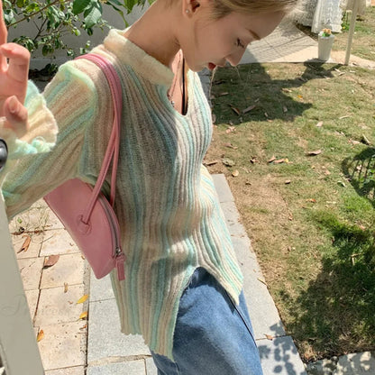 Y2K Vintage Long Sleeve Vertical Stripe Print Knit Top