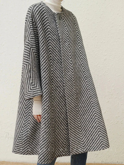 Zigzag Woolen Sashes A-Line Overcoat