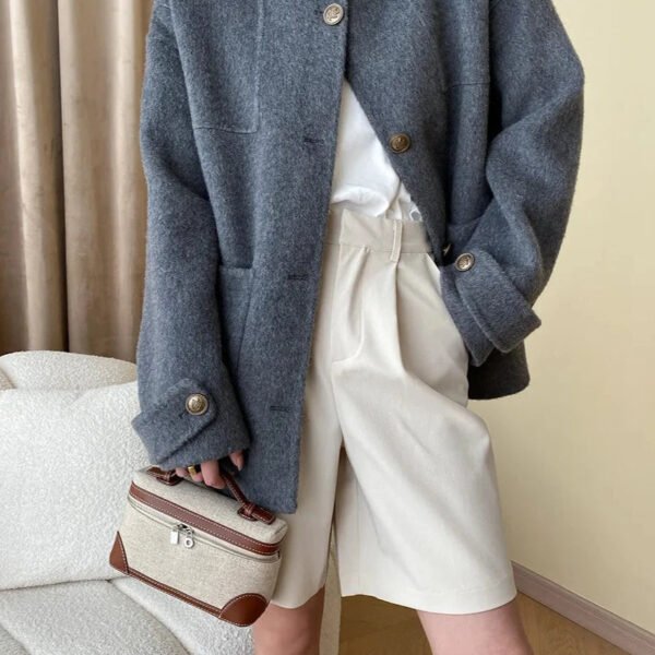 Wool Blend Buttoned Coat with Stand Collar