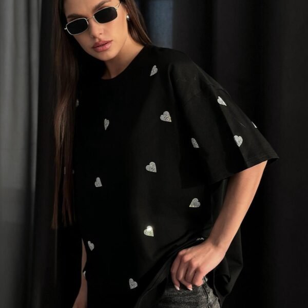 Oversized Black Cotton T Shirt With Sparkling Hearts