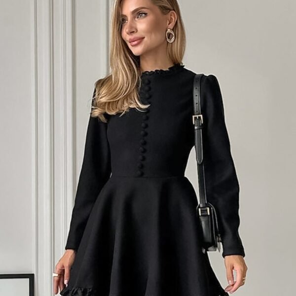 Buttoned Mini Dress High Quality Fabric Black